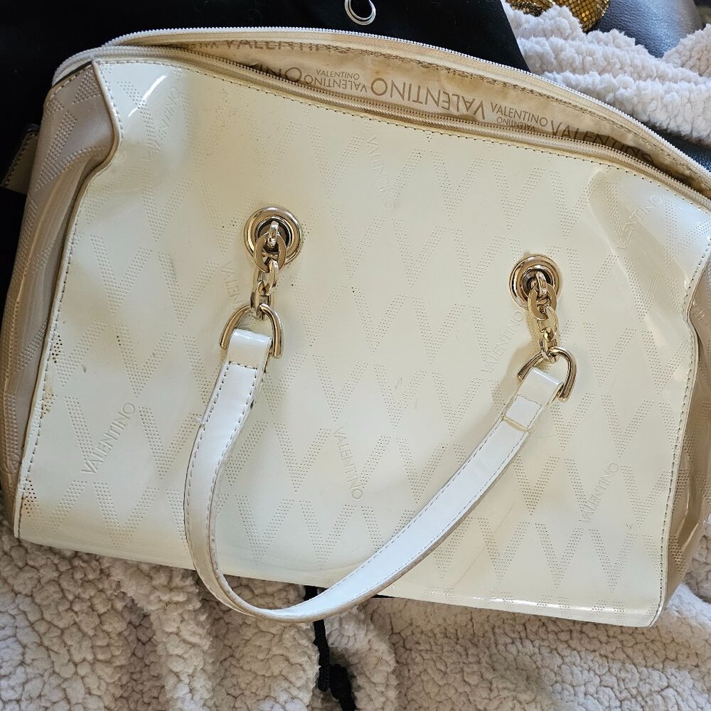 Valentino By Mario Valentino Cream Patent Tote with Gold Hardware